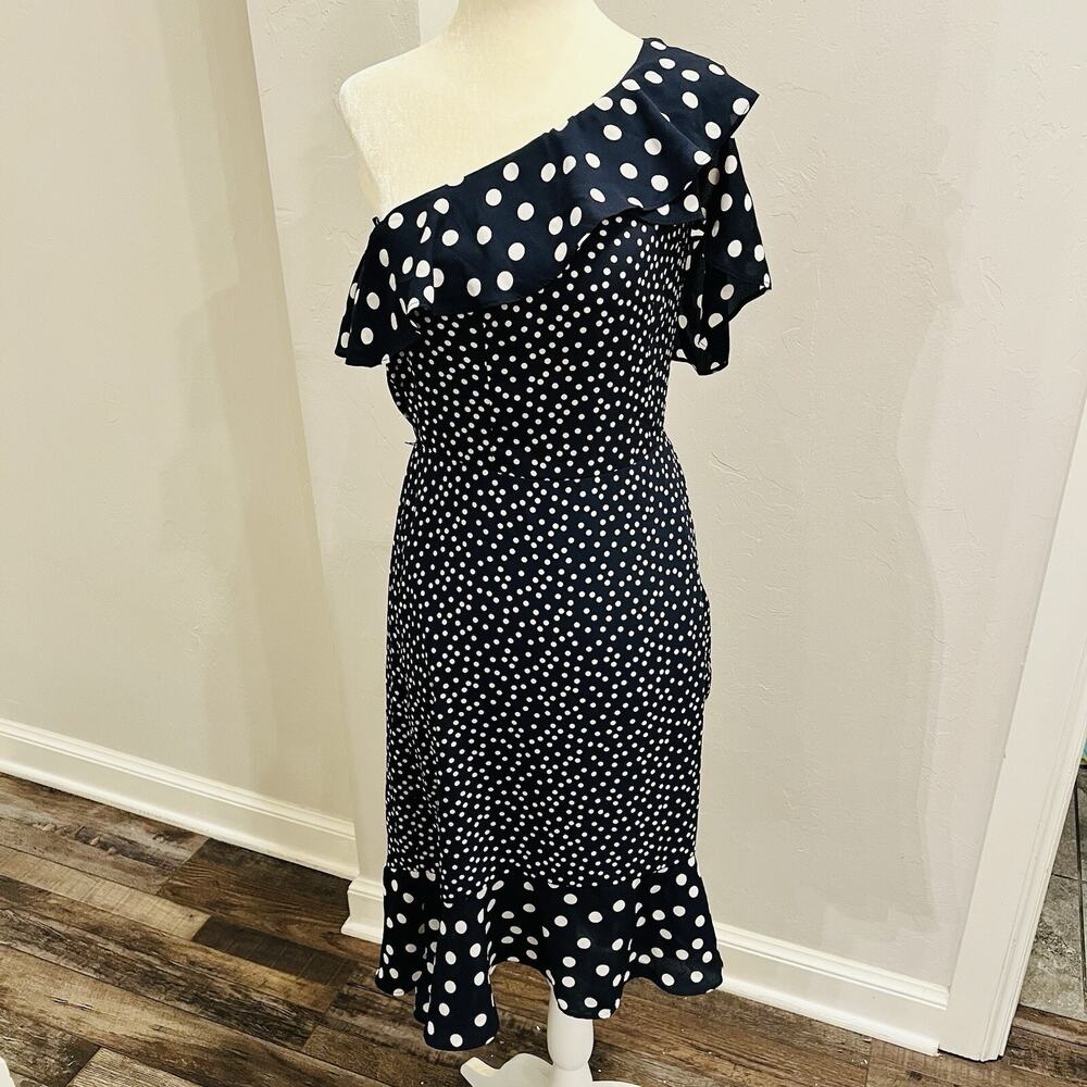 A New Day Dress One Shoulder Navy White Polka Dot Ruffle Midi XS Sleeveless